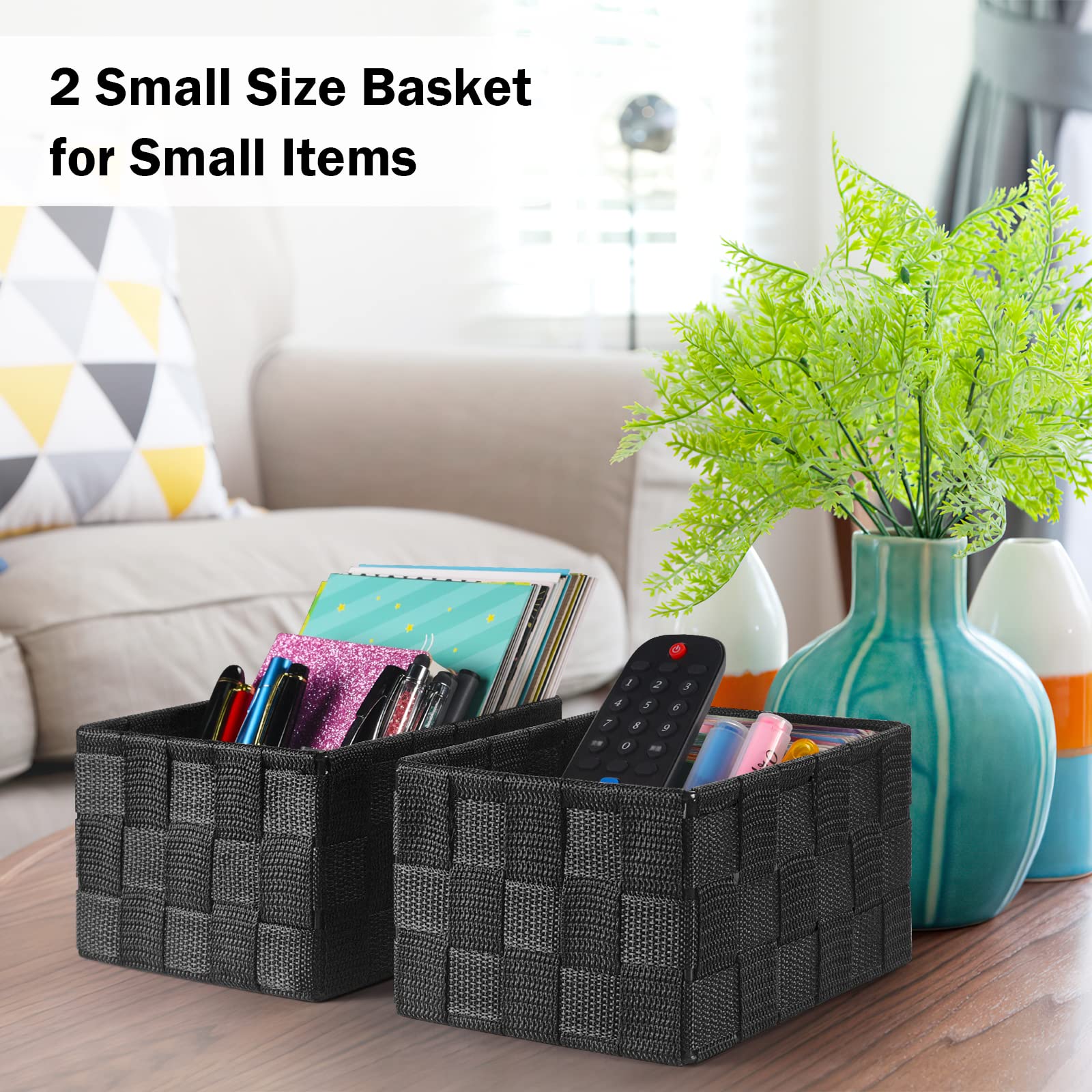 Uvellgift Storage Bins with Lids, Woven Storage Box Organizer Containers Decorative Baskets Cube for Clothes Bedroom Closet Office (5 Pack, Black)