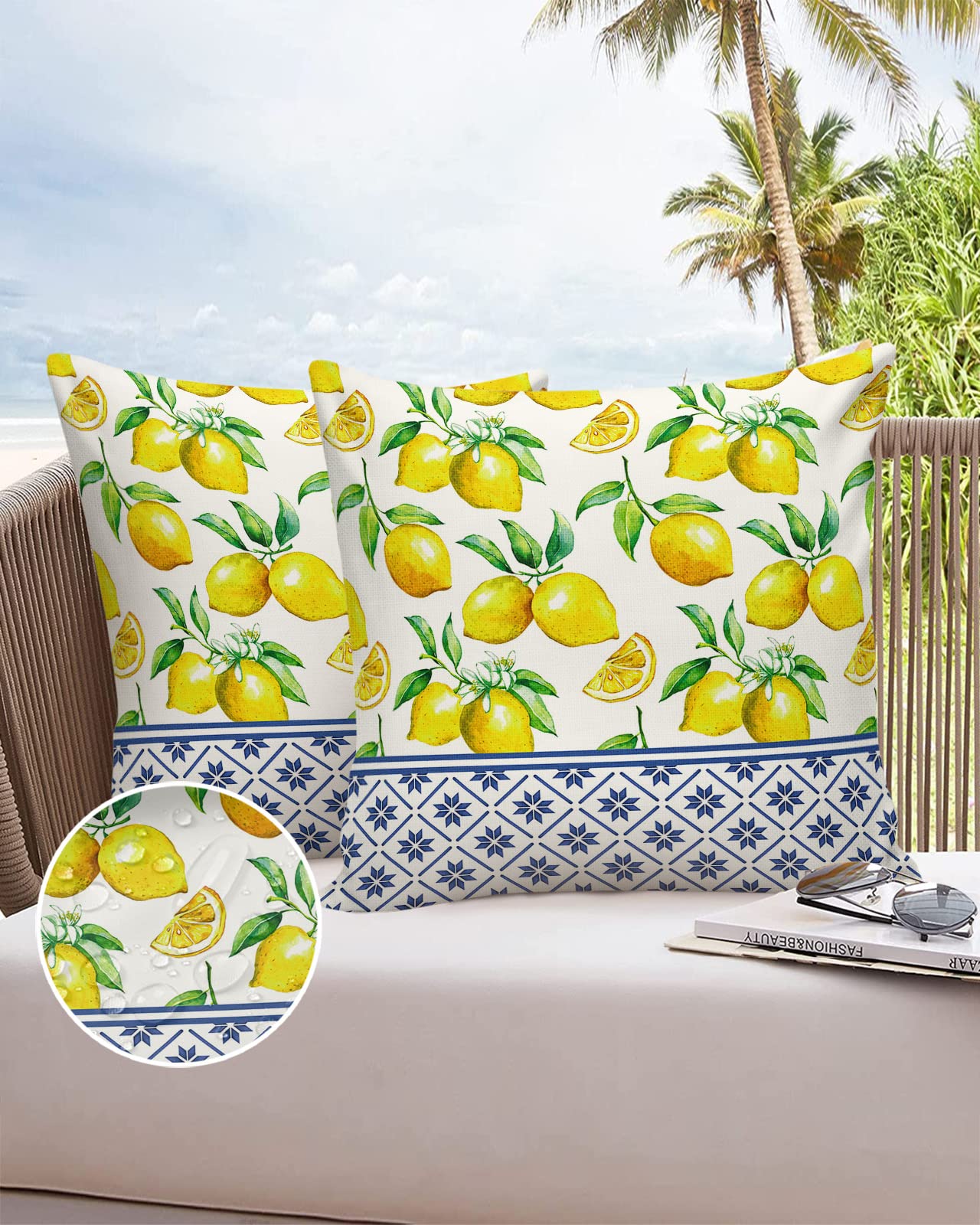 Throw Pillows for Couch Pack of 2 Waterproof Throw Pillow Covers 16x16 Inch, Outdoor Pillows Cushion Case for Bed Sofa Outdoor Furniture, Summer Lemon Texture Decorative Pillows Cover