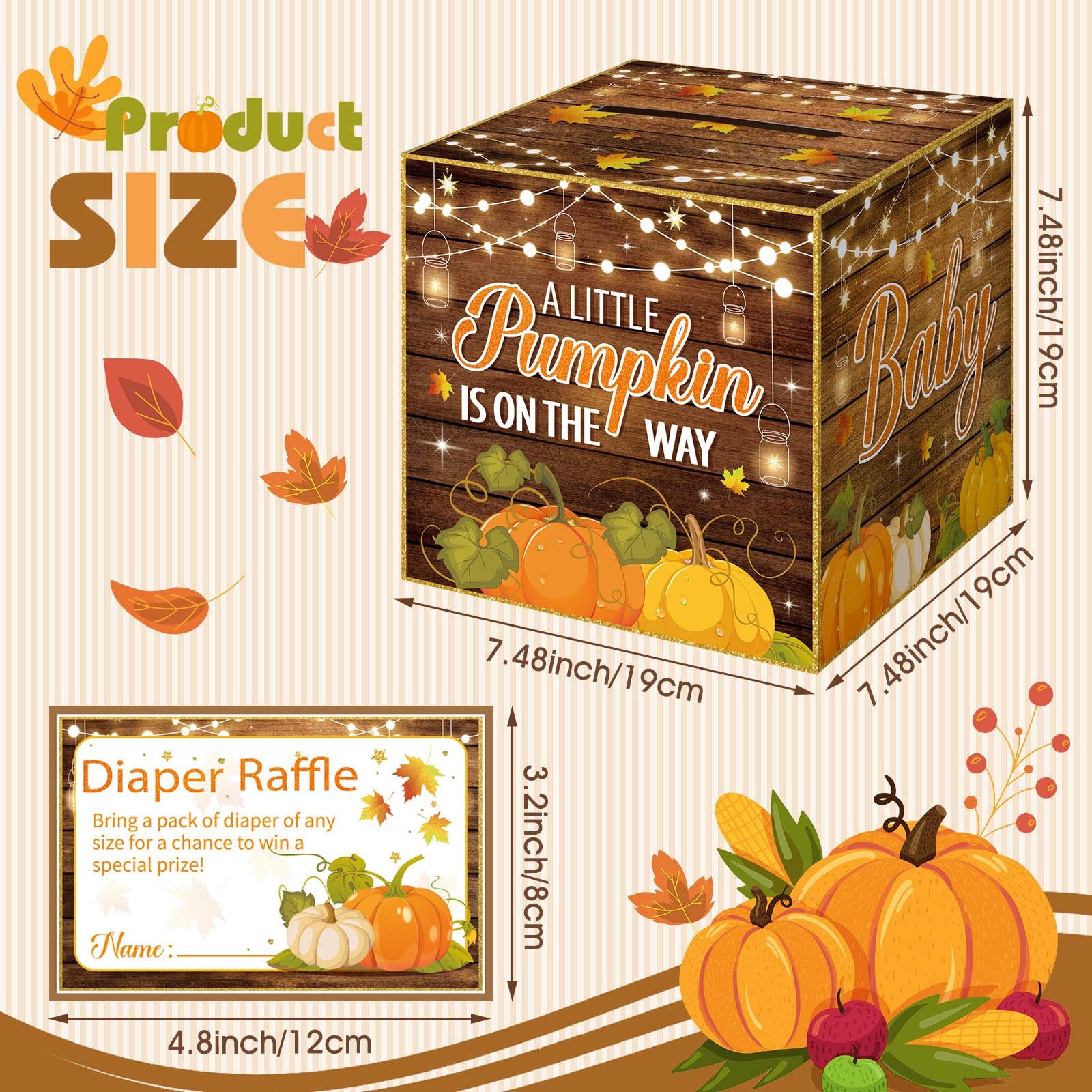 51 Pieces Fall Pumpkin Diaper Raffle Tickets with Diaper Raffle Card Box, Diaper Raffle Sign Advice and Wishes Diaper Party Raffle Insert Cards Baby Shower Decoration Neutral for Thanksgiving Game Kit