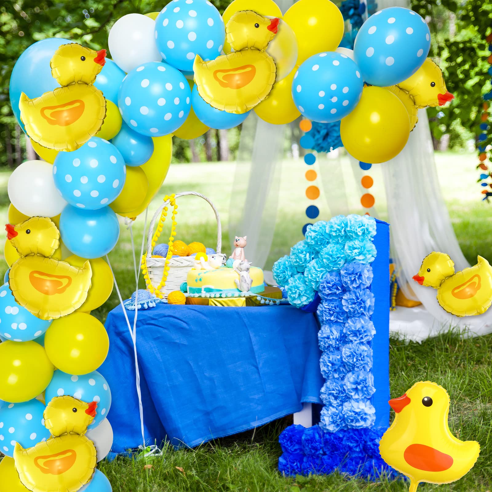 HyDren 113 Pcs Yellow Duck Balloon Arch Garland Kit 12 10 5 Inch Blue Yellow White Latex Balloons Mini Yellow Duck Foil Balloons for Baby Shower Decorations Rubber Duck Themed Birthday Party Supplies