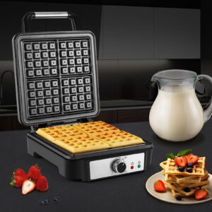 MONXOOK Belgian Waffle Maker, 4-Slice Non-Stick Square Waffle Maker, Anti-Overflow Waffle Iron with Browning Knob, Indicator Lights, Compact Design, Recipes Included, 1200W, Silver/Black