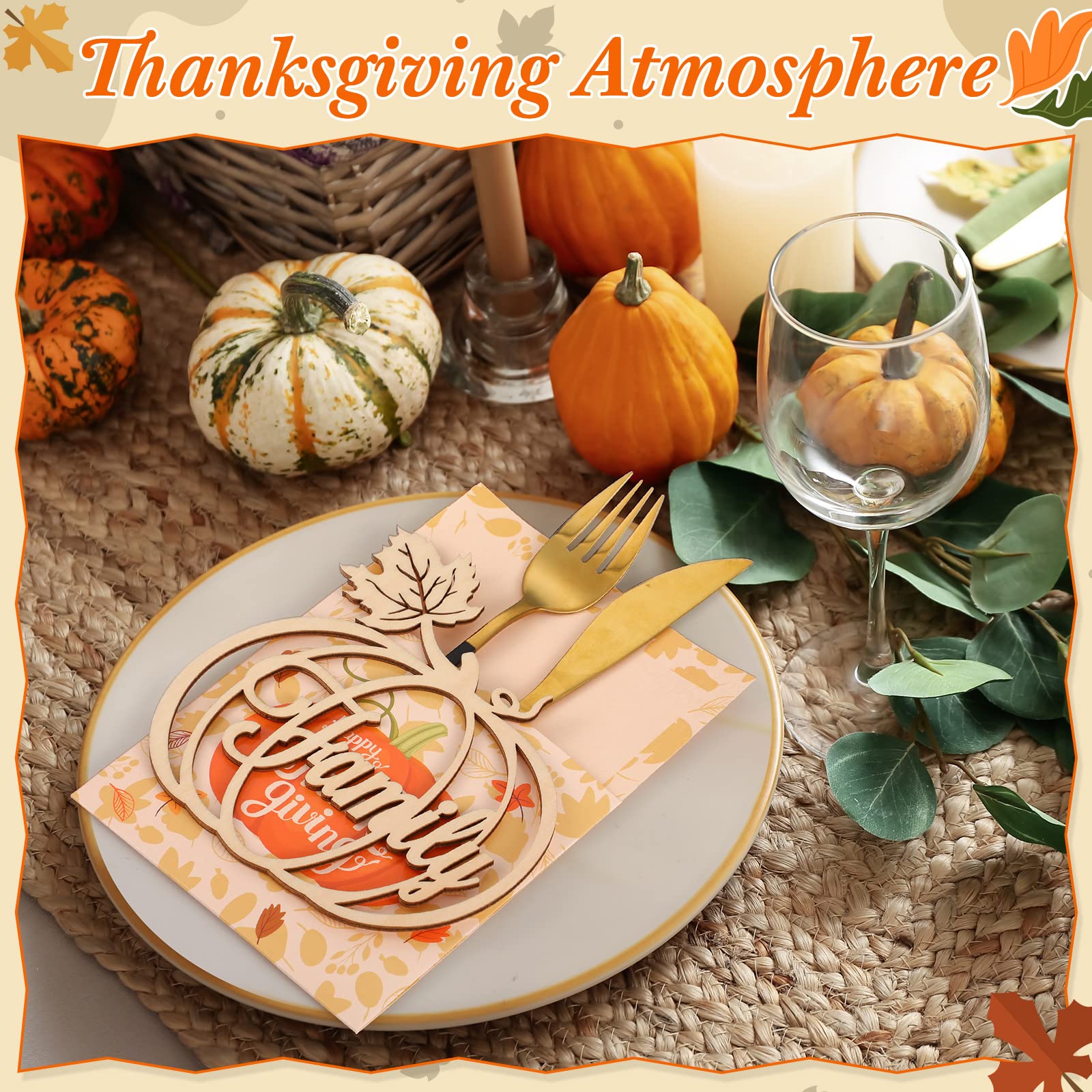 18 Set Thanksgiving Plate Decor 9 Fall Thankful Cutlery Utensil Holders with 9 Maple Pumpkin Turkey Wood Place Cutouts Sign Gold Grateful Blessed Gather Autumn Table Plate Sign (Maple,Pumpkin)