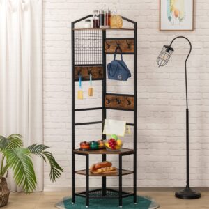 DOEWORKS 4-Tier Corner Industrial Hall Tree, Freestanding Entryway Coat Storage Rack with Hooks and Wooden Storage Shelves, Black