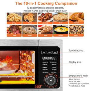 Air Fryer Toaster Oven Combo, Fabuletta 10-in-1 Toaster Ovens Countertop 1800W, 100-450°F Temperature Control，Flip Up & Away Capability for Storage Space, Enamel Baking Pan Easy Clean with Recipe Book