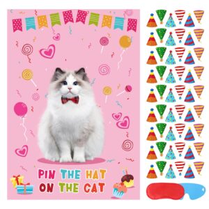 pin the hat on the cat party game cat birthday party games for kids, cat birthday party supplies decorations for girls boys, large cat poster with 54 hat stickers