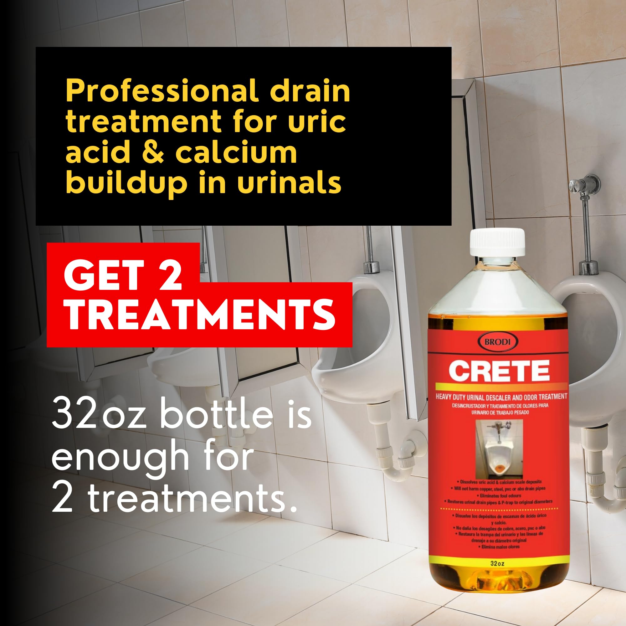 Brodi Crete-32 oz Double Size-Professional Urinal Salt Descaler & Deodorizer. Restores urinal drains to original working diameter, fix slow-running drains. Stop odors. Contains: 1 x 32oz bottle