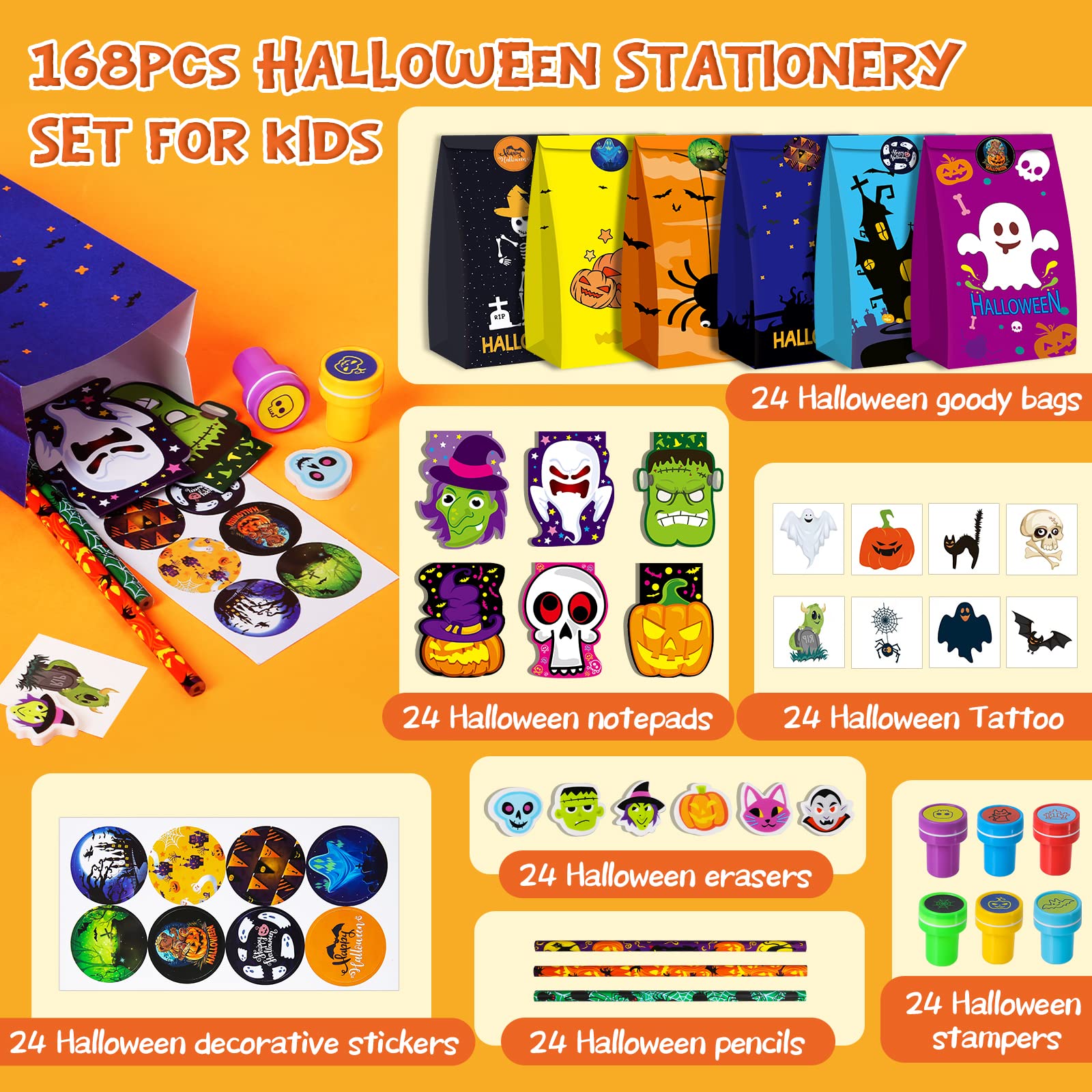 OCHIDO Halloween Party Favors for Kids-168pcs Stationery Gift Kit,Halloween Goodie Bags Fillers Bulk,Trick Or Treat , Halloween Bag,Pencil, Eraser, Notepad, Stamper, Sticker and Temporary Tattoos