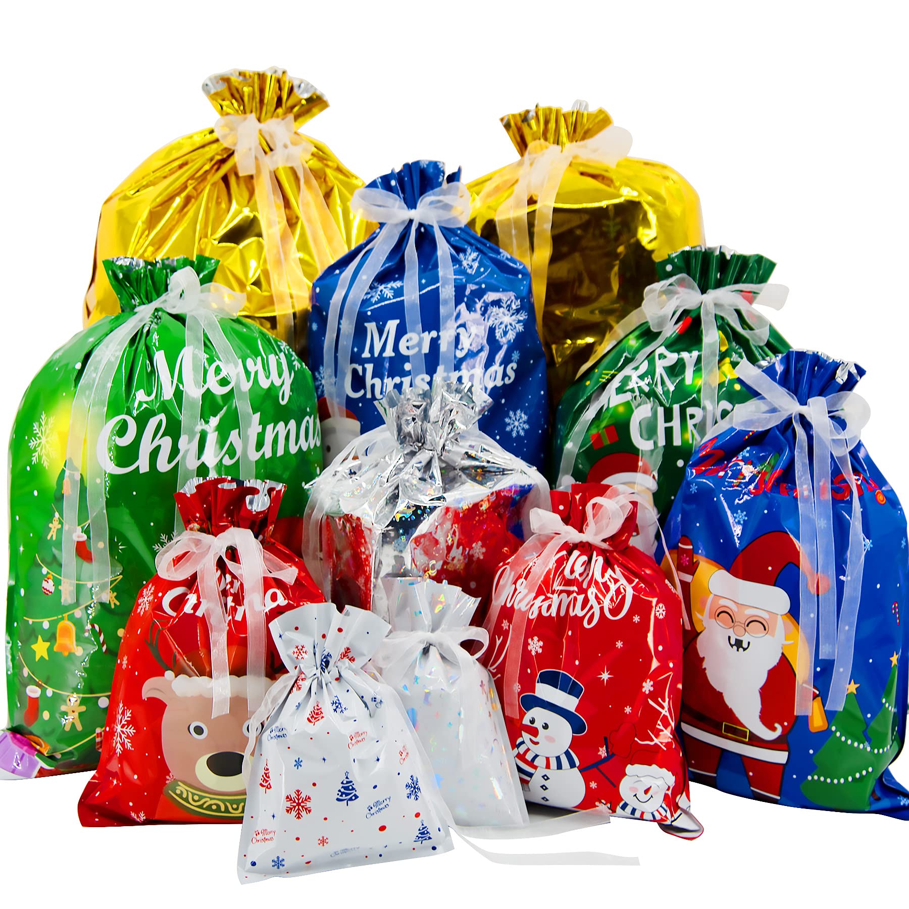 BQTQ 42 Pcs Christmas Drawstring Gift Bags 10 Design and 5 Size Christmas Bags Wrapping Bags Christmas Goody Bags Treat Bag for Christmas Party