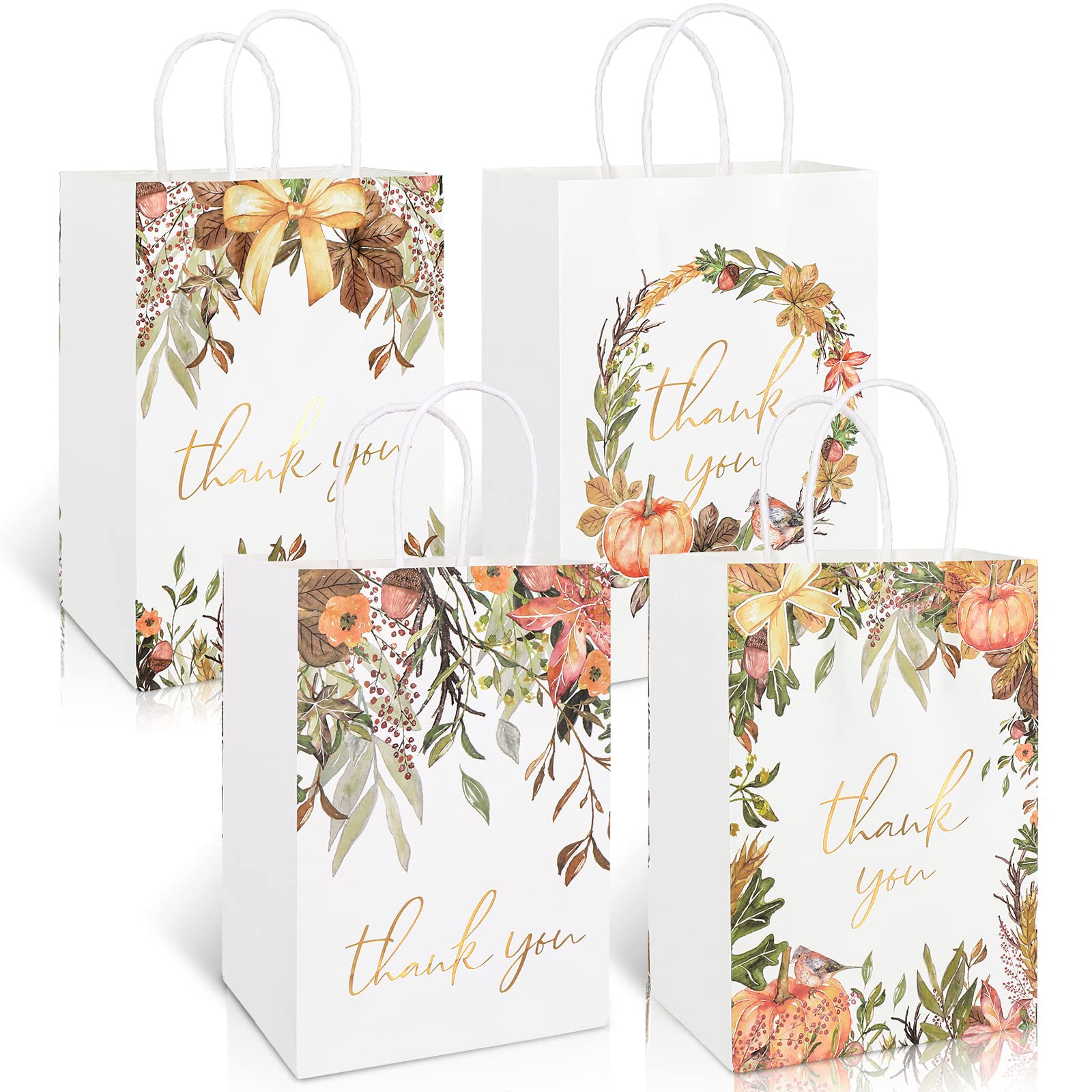 AnyDesign 16Pcs Thanksgiving Gift Bags Fall Thank You Treat Bag Maple Leaves Pumpkin Pattern Wedding Bags with Handle Foil Gold Day Bag for Birthday Bridal Baby Shower Party Favor, 5.9 x 8.3 x 3.2