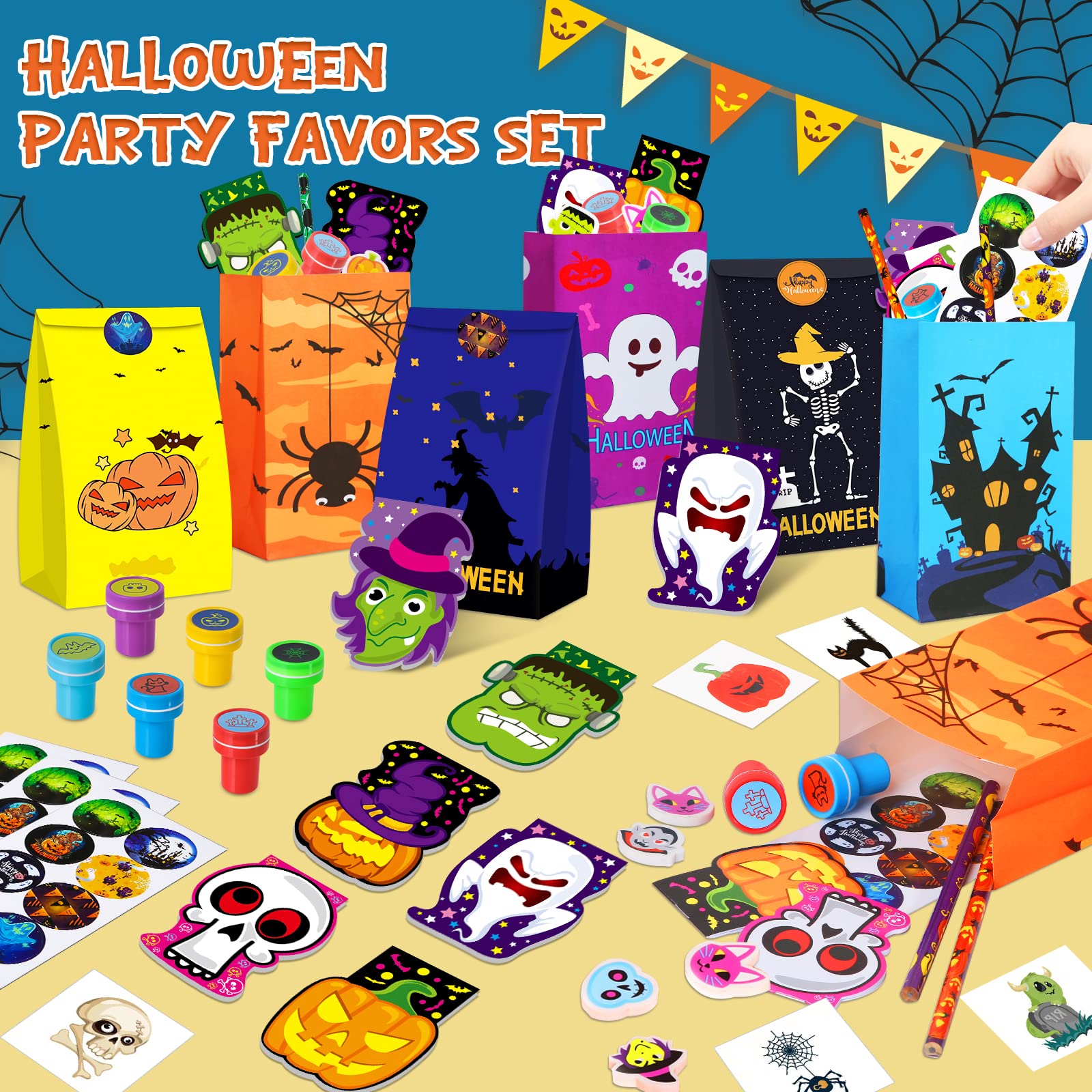 OCHIDO Halloween Party Favors for Kids-168pcs Stationery Gift Kit,Halloween Goodie Bags Fillers Bulk,Trick Or Treat , Halloween Bag,Pencil, Eraser, Notepad, Stamper, Sticker and Temporary Tattoos