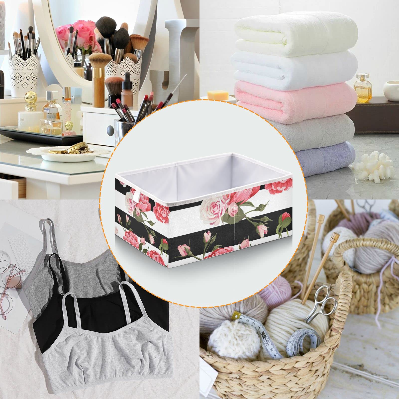 Oyihfvs Floral Peony and Roses Flowers On Black White Stripes Rectangular Collapsible Open Storage Bins, Foldable Toy Nursery Basket Bin Cloth Cube Organizer with Handles for Shelves Closet