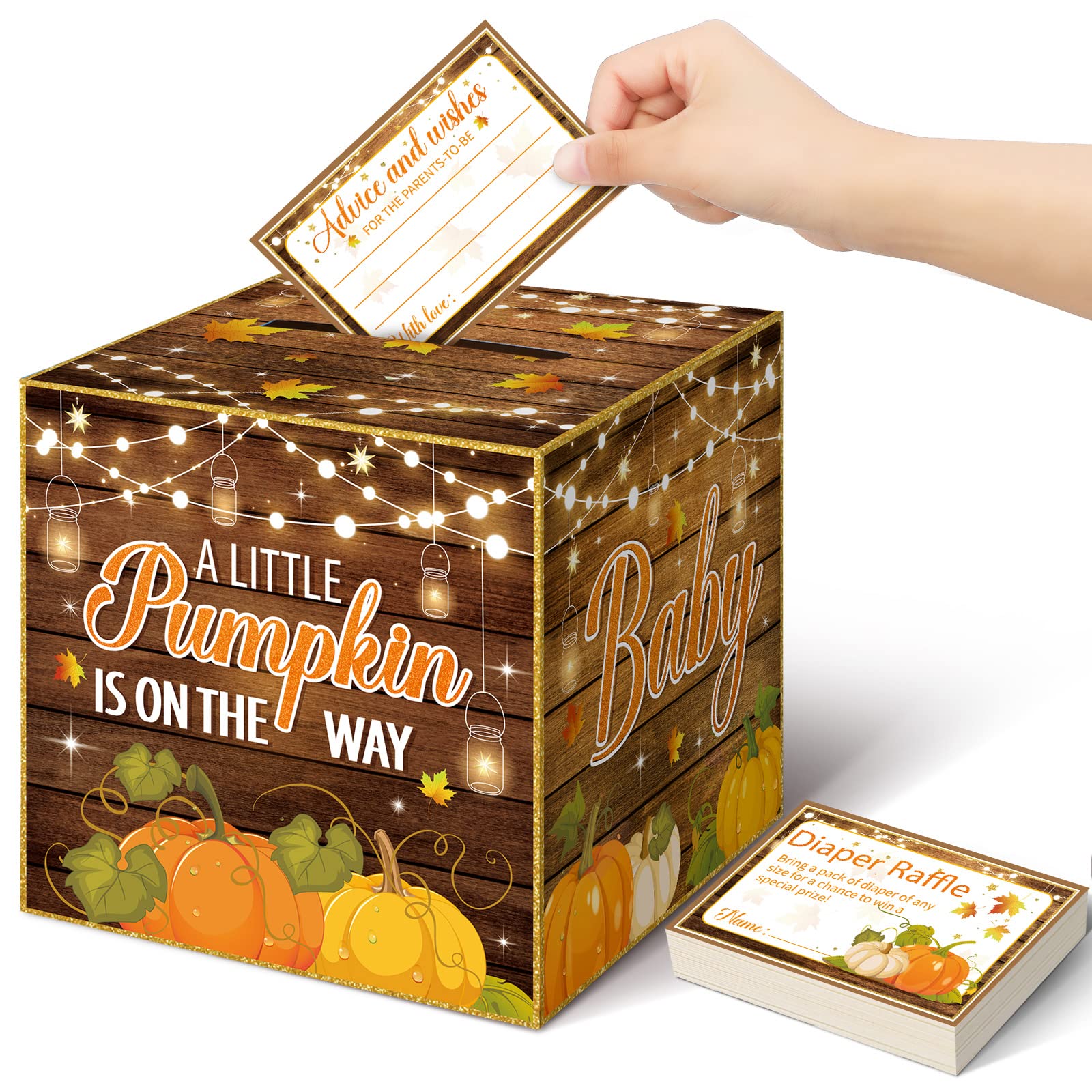 51 Pieces Fall Pumpkin Diaper Raffle Tickets with Diaper Raffle Card Box, Diaper Raffle Sign Advice and Wishes Diaper Party Raffle Insert Cards Baby Shower Decoration Neutral for Thanksgiving Game Kit