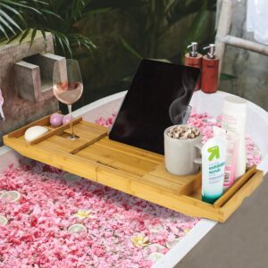 Brookstone, Over the Tub Bamboo Bath Caddy with Wine Holder, Bath Tray with Tablet, Phone, and Book Stand, Separate Soap Holder, Expandable up to 43 inches