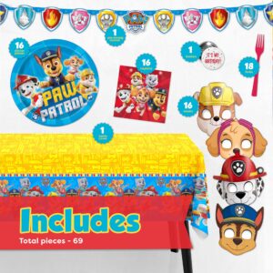 Unique Paw Patrol Birthday Decorations | Paw Patrol Party Supplies | With Paw Patrol Tablecloth, Paw Patrol Plates, Napkins, Character Masks, Forks, Button | Serves 16 Guests