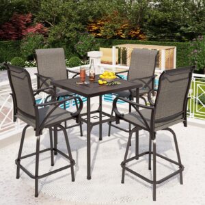 PHI VILLA 5 Piece Bar Height Patio Dining Set, Outdoor Table Chair Bar Set for 4 with Outdoor Swivel Bar Stool Chair and Large Metal Bar Table