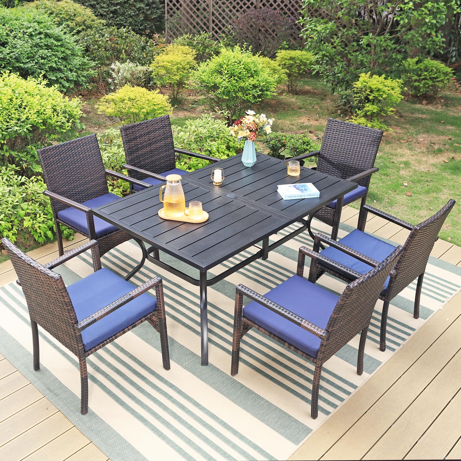 Sophia & William 8 Pieces Patio Dining Furniture with 13 Ft Navy Double-Sided Twin Umbrella, Outdoor Rattan Chairs & Metal Table Set with Cushions and 1.57" Umbrella Hole for Backyard Porch Poolside