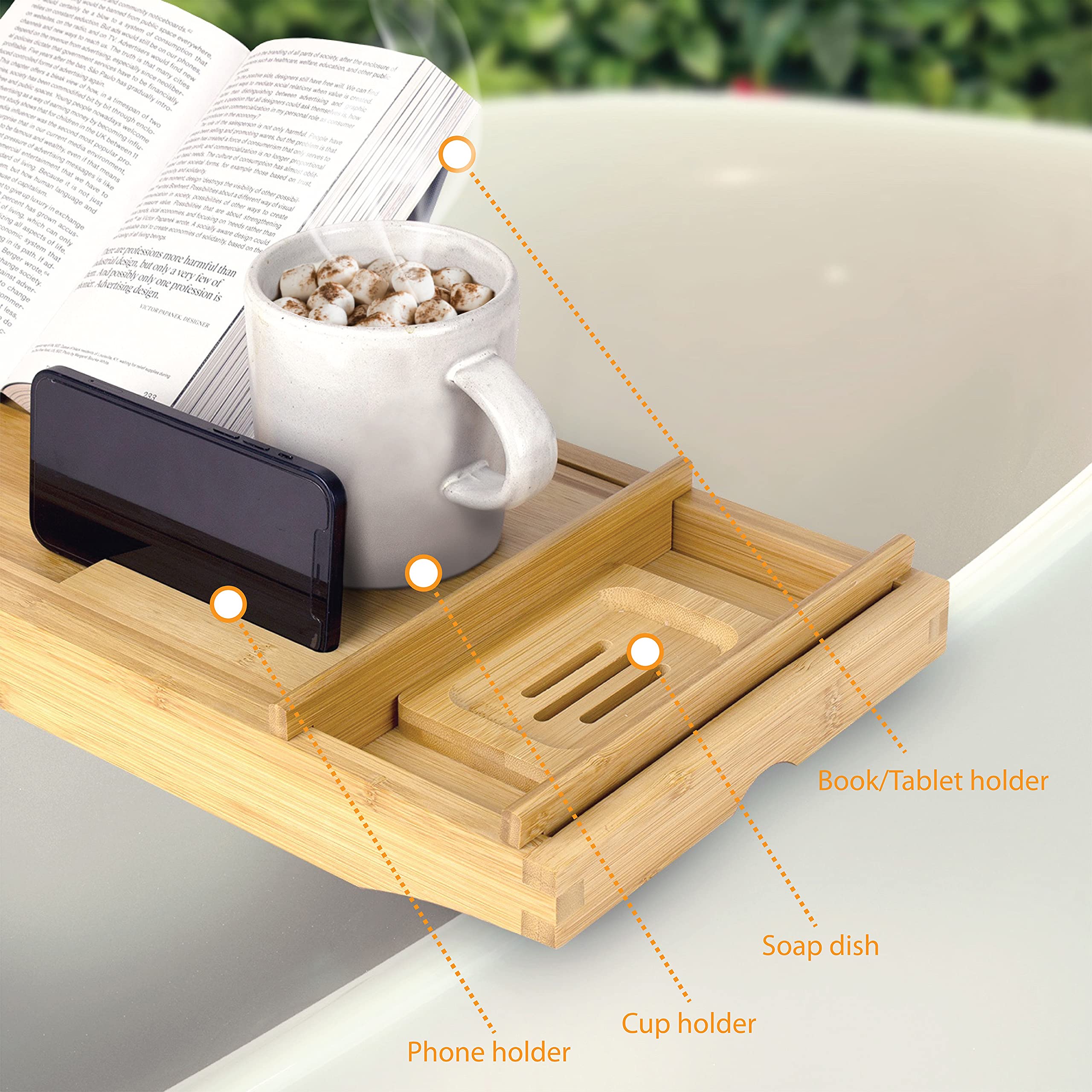 Brookstone, Over the Tub Bamboo Bath Caddy with Wine Holder, Bath Tray with Tablet, Phone, and Book Stand, Separate Soap Holder, Expandable up to 43 inches