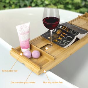 Brookstone, Over the Tub Bamboo Bath Caddy with Wine Holder, Bath Tray with Tablet, Phone, and Book Stand, Separate Soap Holder, Expandable up to 43 inches