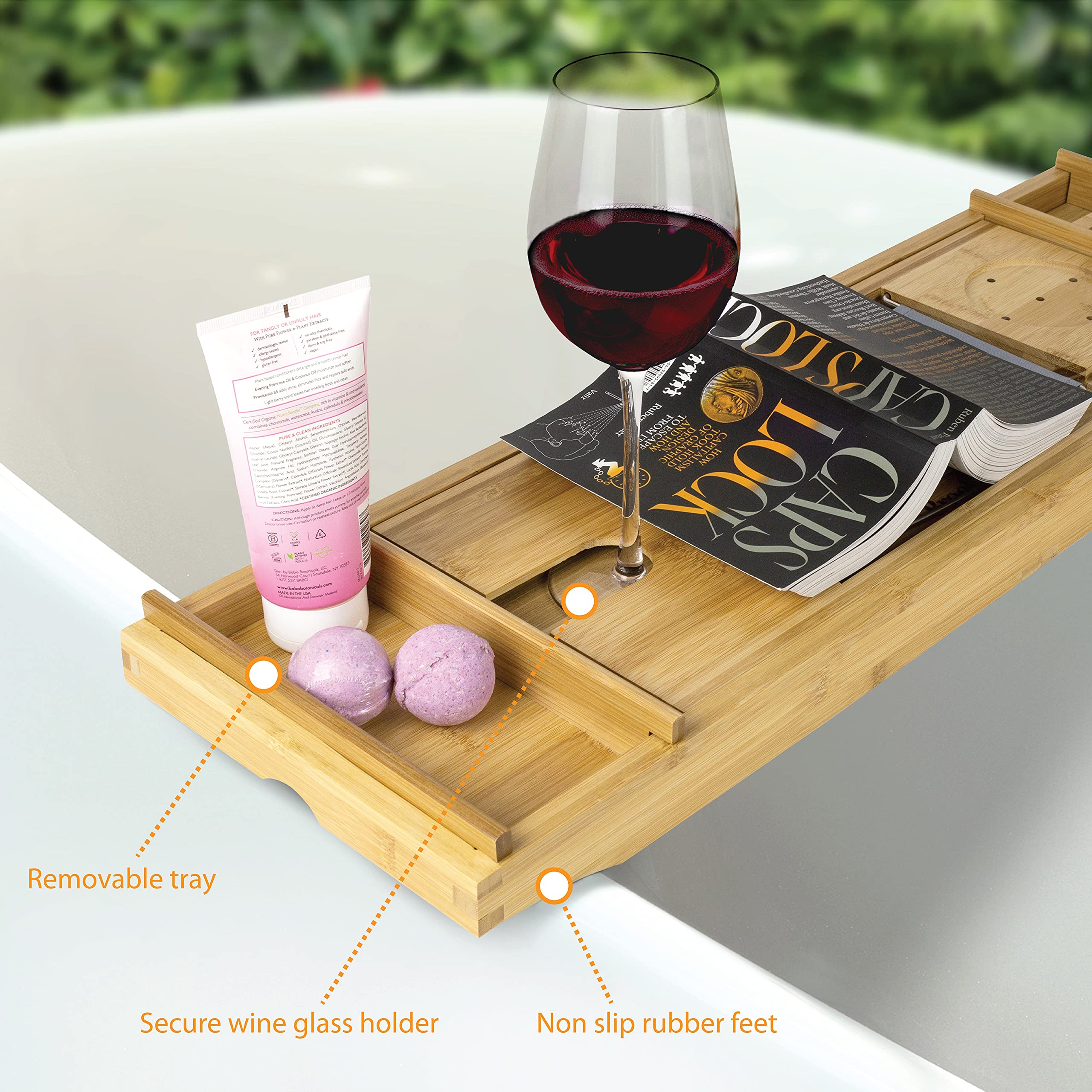 Brookstone, Over the Tub Bamboo Bath Caddy with Wine Holder, Bath Tray with Tablet, Phone, and Book Stand, Separate Soap Holder, Expandable up to 43 inches