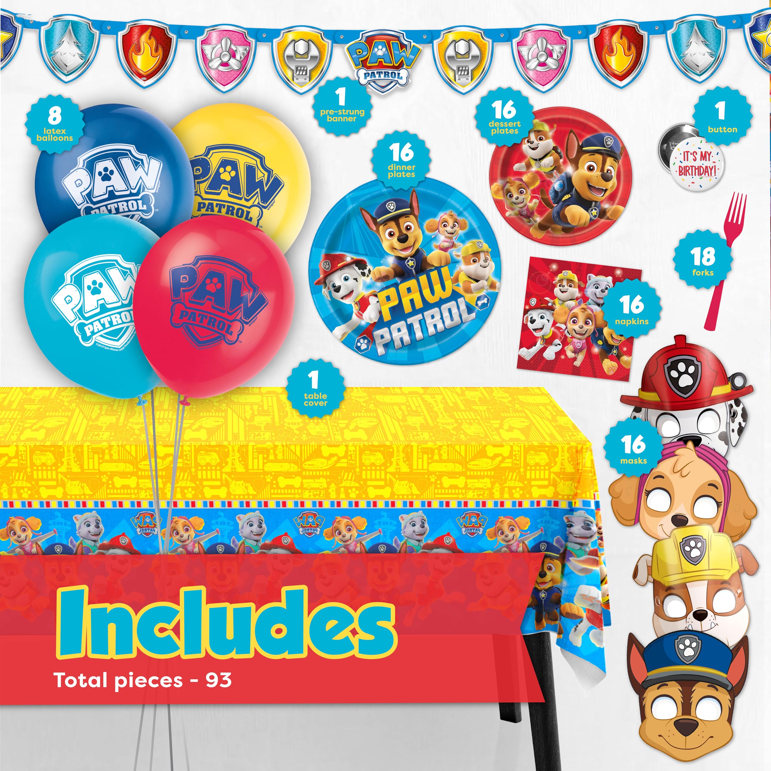 Unique Paw Patrol Birthday Decorations | Paw Patrol Party Supplies | With Paw Patrol Balloons, Tablecloth, Paw Patrol Plates, Napkins, Button | Serves 16 Guests