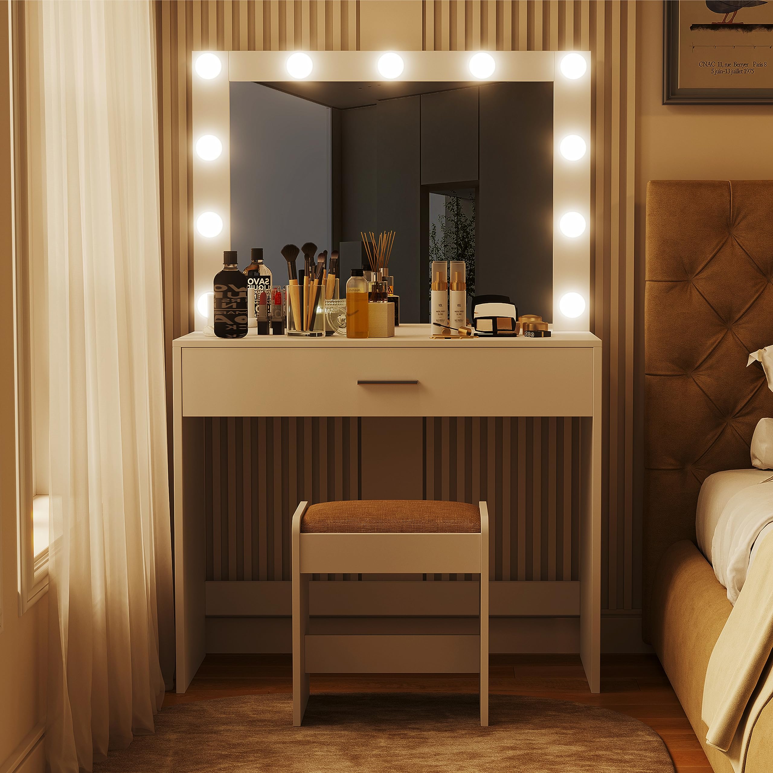 Rovaurx Vanity Table with Large Lighted Mirror, Makeup Vanity Dressing Table with Drawer, Bedroom Dressing Desk for Women, 11 LED Light Bulbs & Adjustable Brightness, White RSZT105W