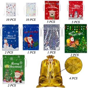 BQTQ 42 Pcs Christmas Drawstring Gift Bags 10 Design and 5 Size Christmas Bags Wrapping Bags Christmas Goody Bags Treat Bag for Christmas Party