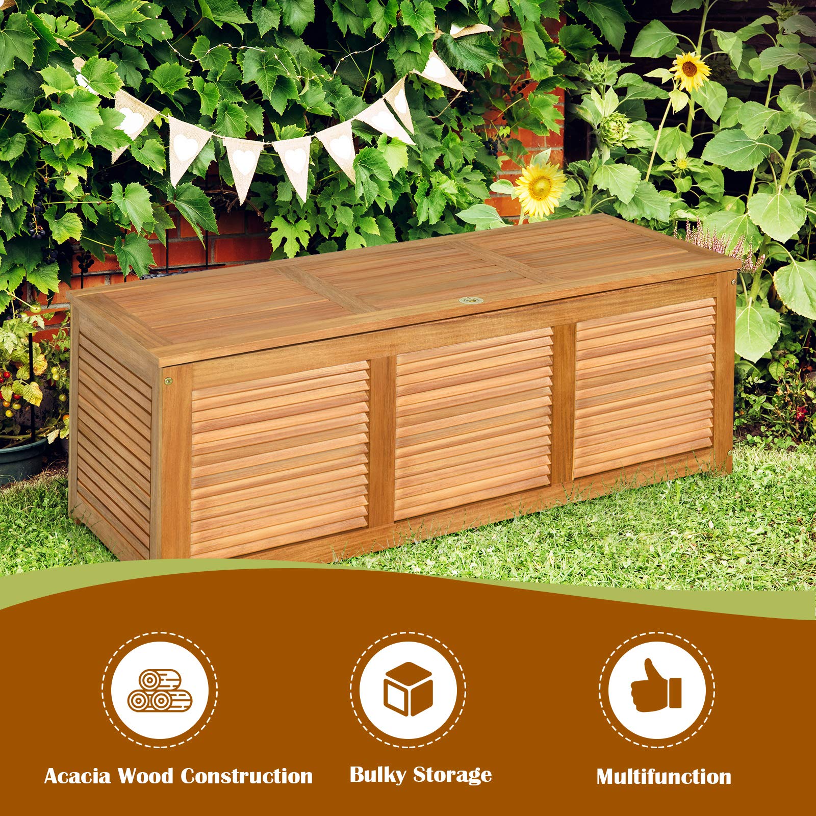 HAPPYGRILL 47 Gallon Acacia Wood Deck Box, Outdoor Storage Box Garden Tools Box Container for Patio Garden Garage