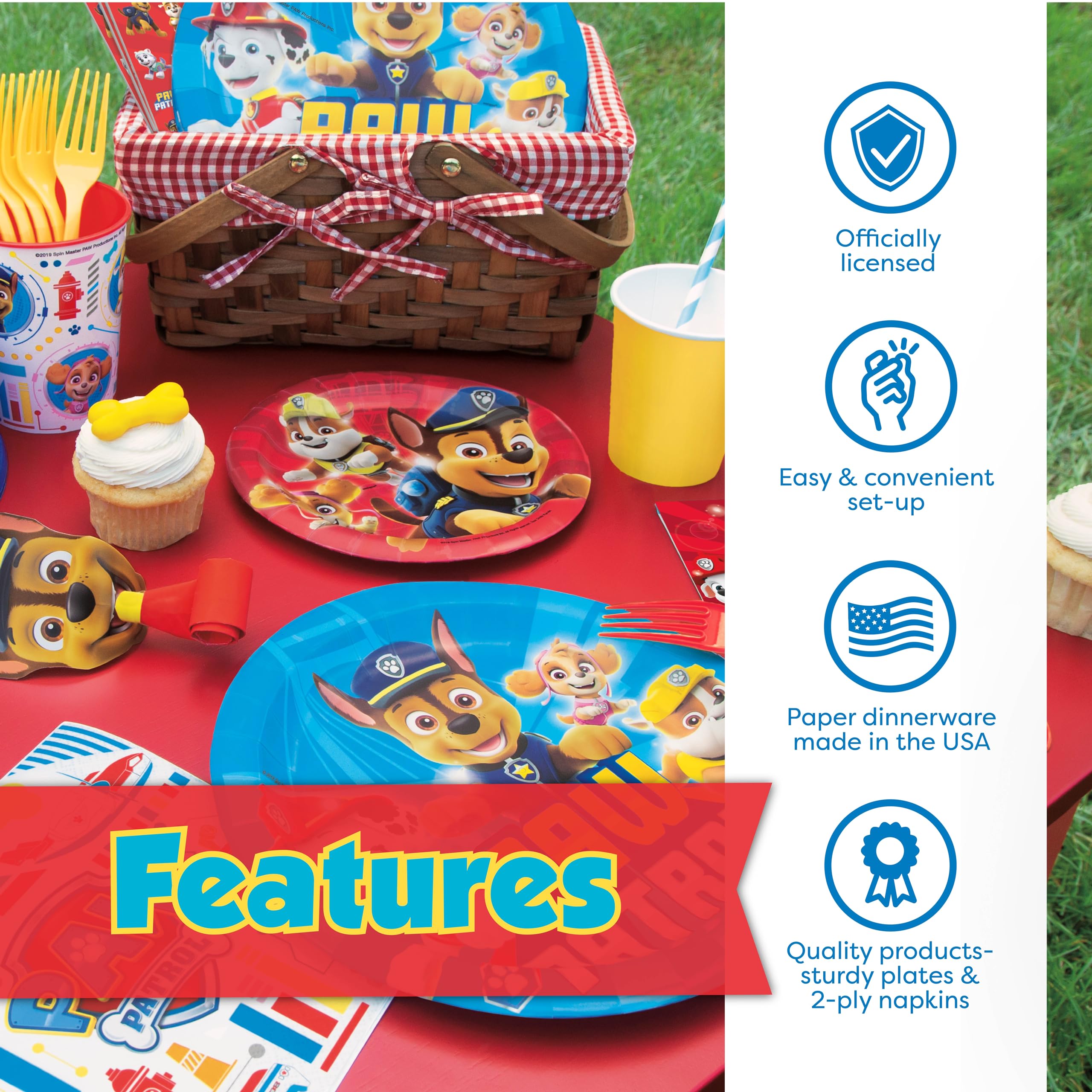 Unique Paw Patrol Birthday Decorations | Paw Patrol Party Supplies | With Paw Patrol Tablecloth, Paw Patrol Plates, Napkins, Character Masks, Forks, Button | Serves 16 Guests