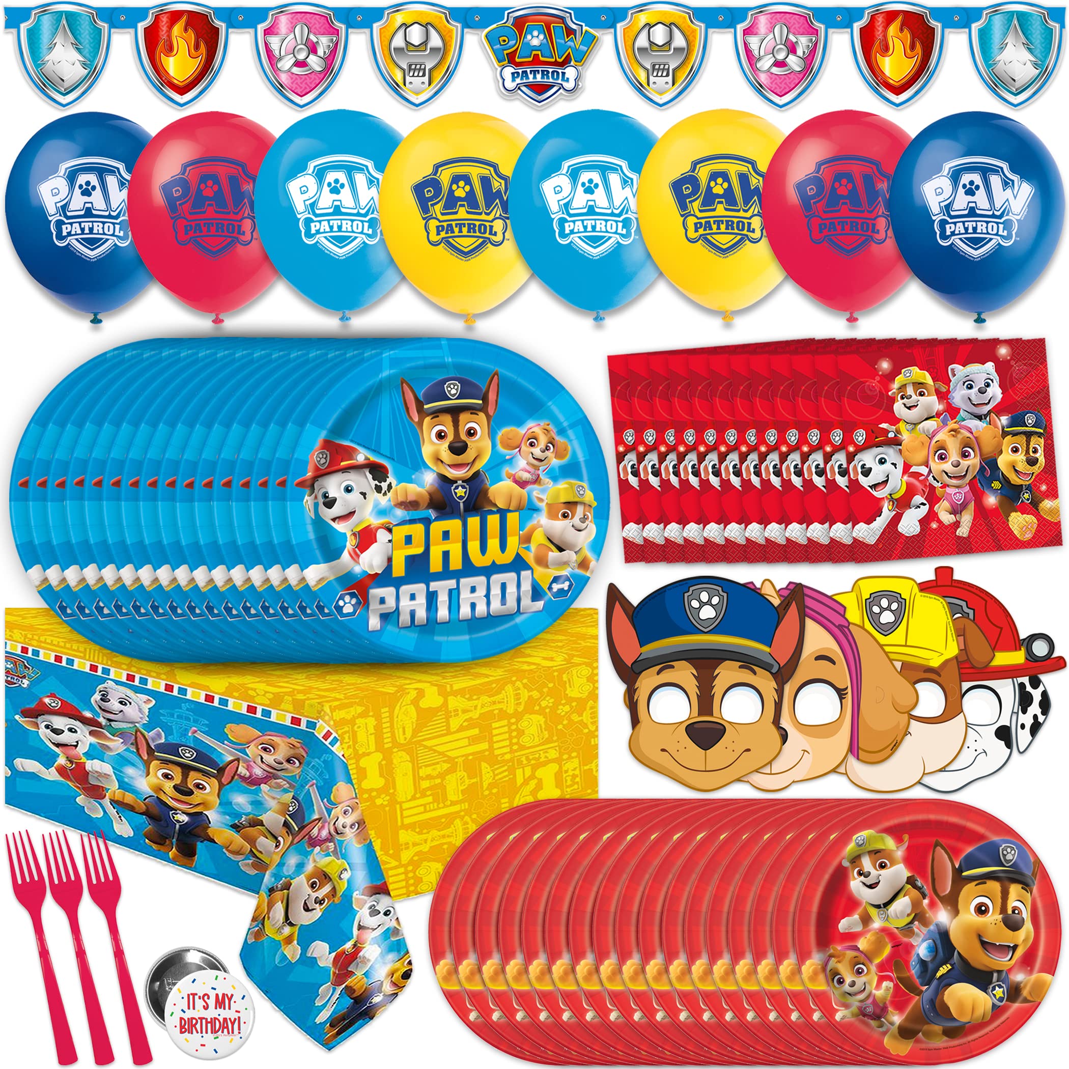 Unique Paw Patrol Birthday Decorations | Paw Patrol Party Supplies | With Paw Patrol Balloons, Tablecloth, Paw Patrol Plates, Napkins, Button | Serves 16 Guests