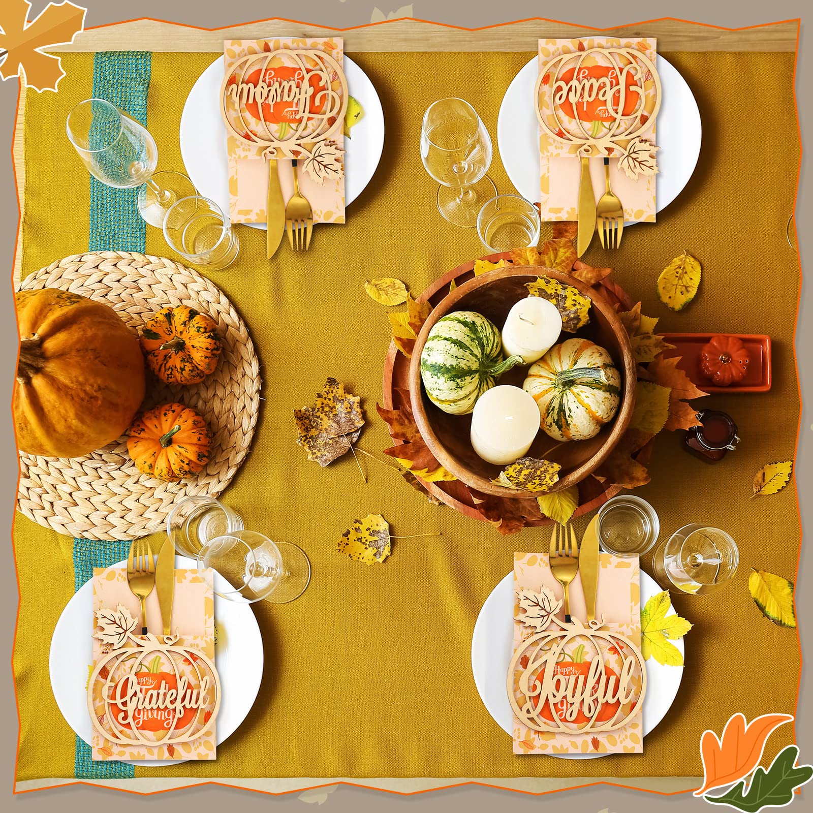 18 Set Thanksgiving Plate Decor 9 Fall Thankful Cutlery Utensil Holders with 9 Maple Pumpkin Turkey Wood Place Cutouts Sign Gold Grateful Blessed Gather Autumn Table Plate Sign (Maple,Pumpkin)