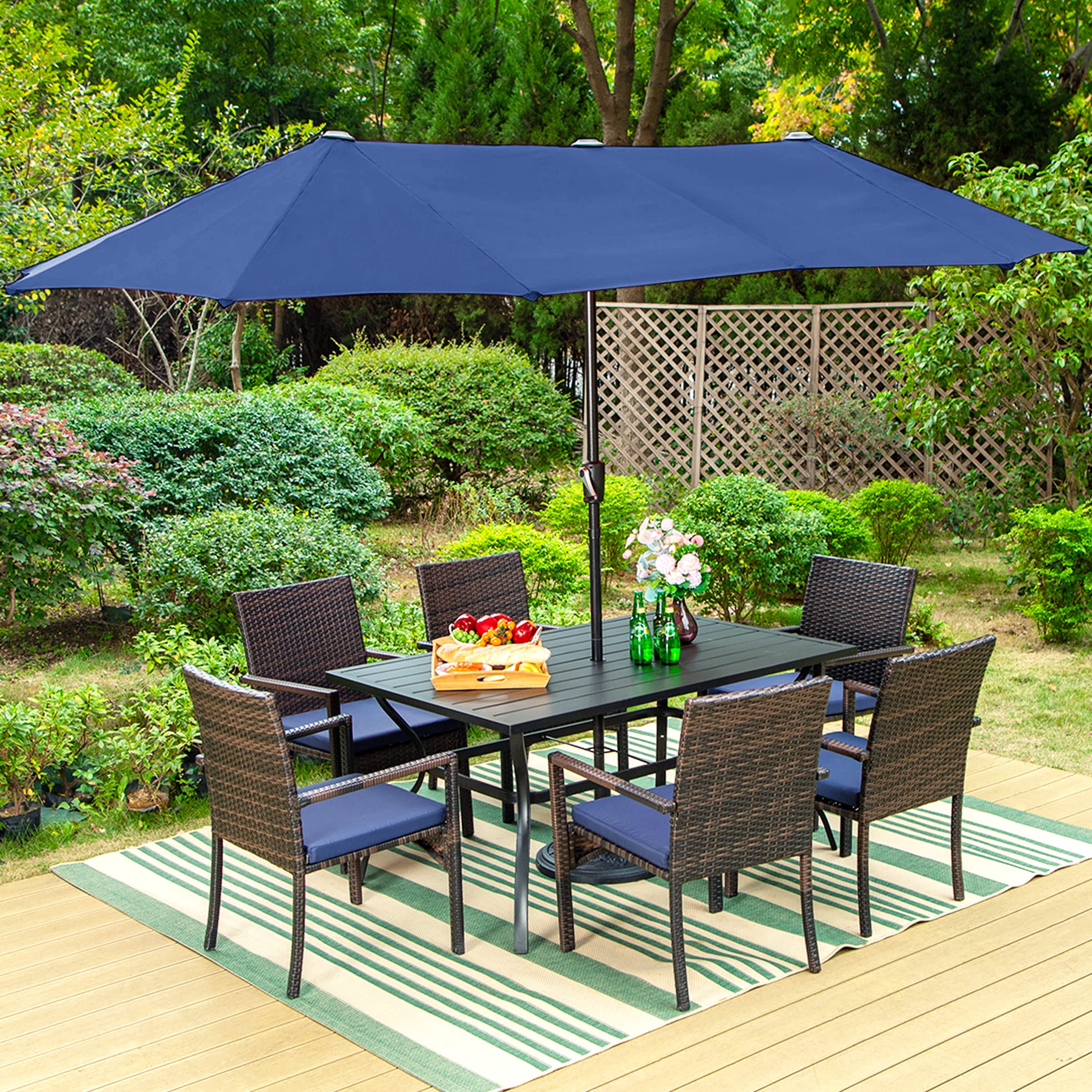 Sophia & William 8 Pieces Patio Dining Furniture with 13 Ft Navy Double-Sided Twin Umbrella, Outdoor Rattan Chairs & Metal Table Set with Cushions and 1.57" Umbrella Hole for Backyard Porch Poolside