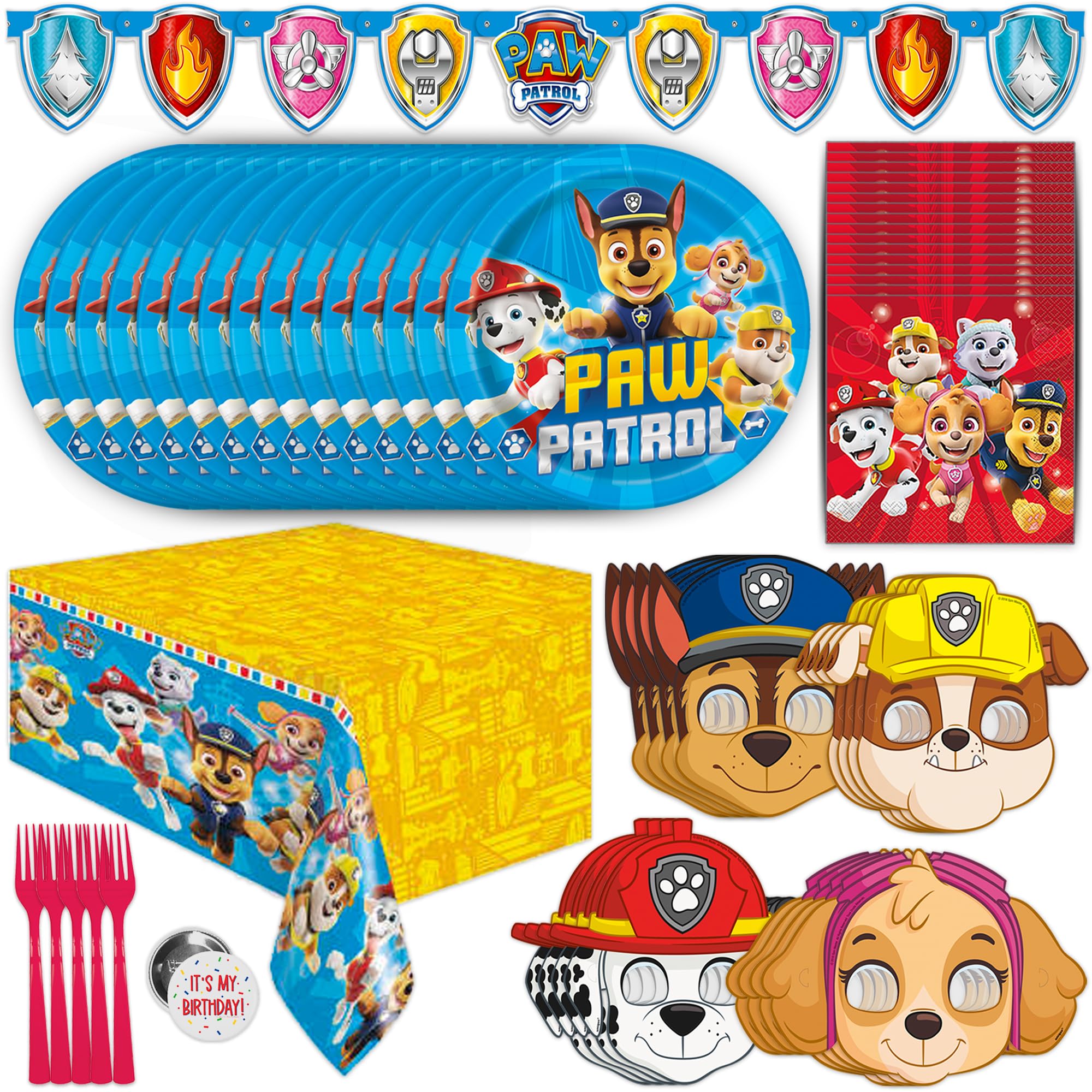 Unique Paw Patrol Birthday Decorations | Paw Patrol Party Supplies | With Paw Patrol Tablecloth, Paw Patrol Plates, Napkins, Character Masks, Forks, Button | Serves 16 Guests