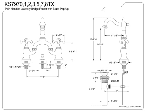 Kingston Brass KS7973TX French Country Bridge Bathroom Faucet with Brass Pop-Up, Antique Brass