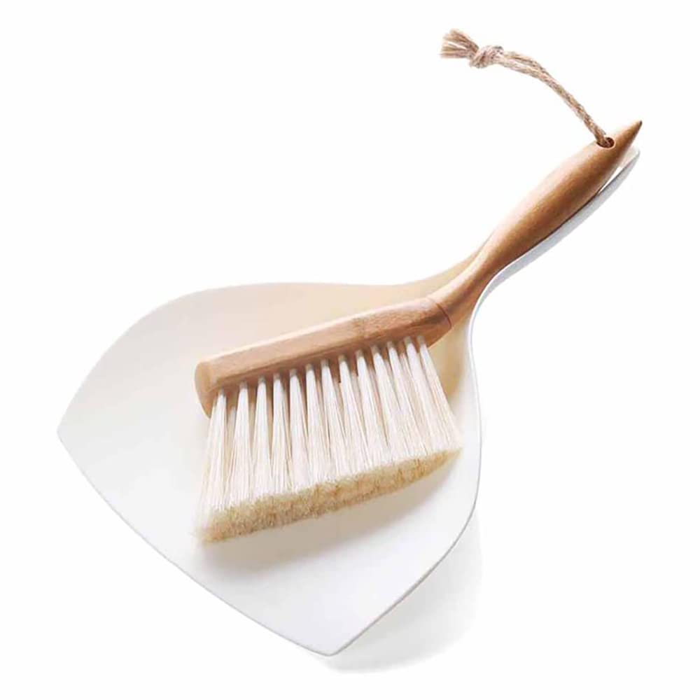 Dustpan and Brush Set, Small Dustpan with Bamboo Handle Brush, Handy Mini Broom and Dustpan Set for Convenient Sweeping, White,11.5 x 7.6 x 2.3 Inch