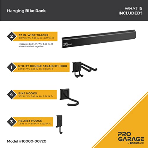 ClosetMaid ProGarage 4 Bike Storage Rack Rails Set, Helmet and Utility Hooks, Heavy Duty Wall Mount, Black