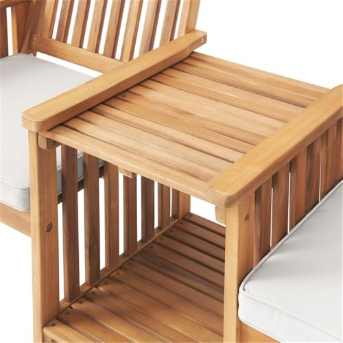 Bristol Acacia Wood Outdoor Double Seat Bench, Attached Table, Weather-Proof, Natural Finish, Porch, 60 in. W x 23 in. D x 35 in. H, Seat: 19 in. W x 17 in. D x 18 in. H, Table: 15 in. W x 18 in. D