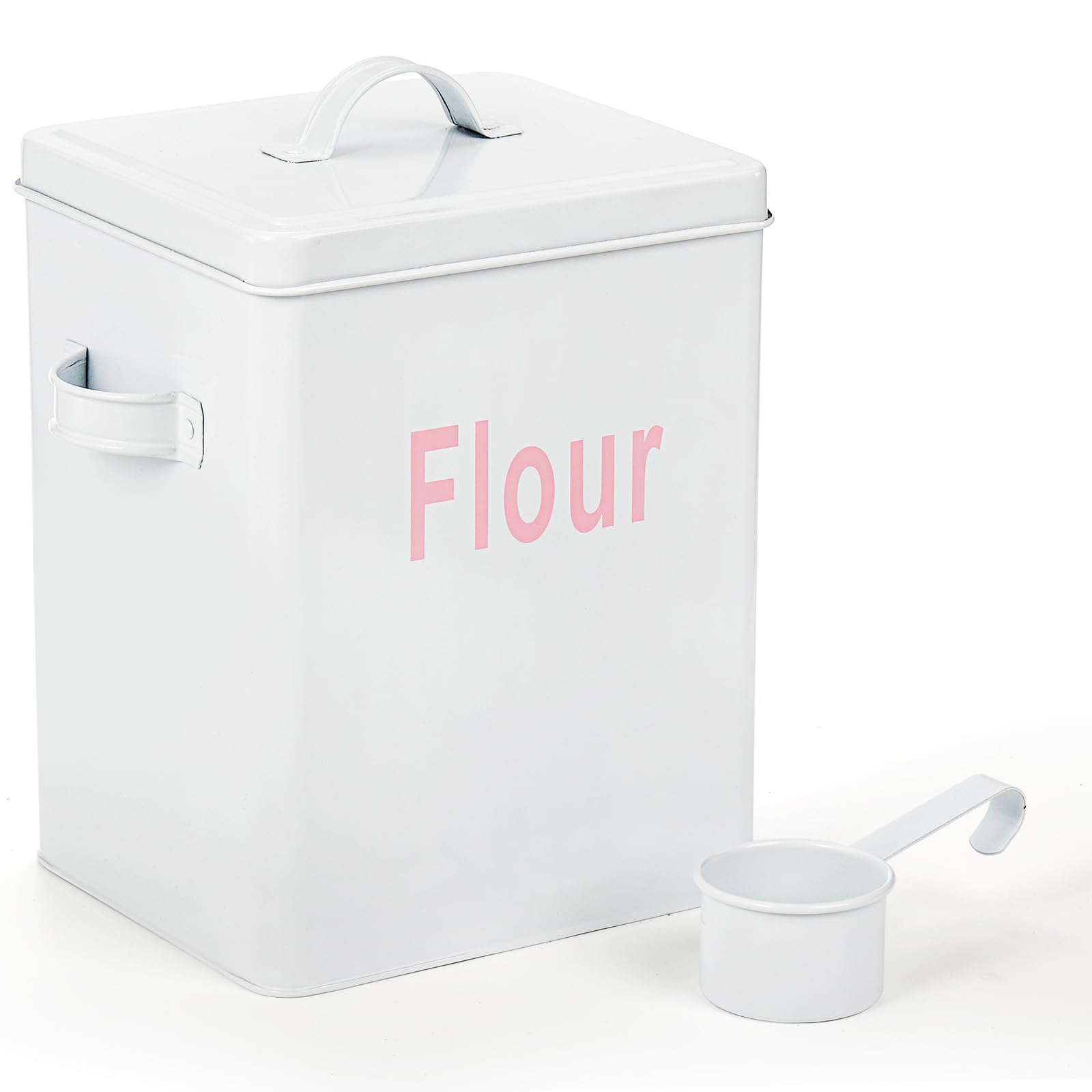 Youeon 1.5 Gallon Metal Flour Storage Container with Airtight Lid and Measuring Scoop, Square Flour Canister with Handle, White Flour Canister for Kitchen Counter, Farmhouse Decor