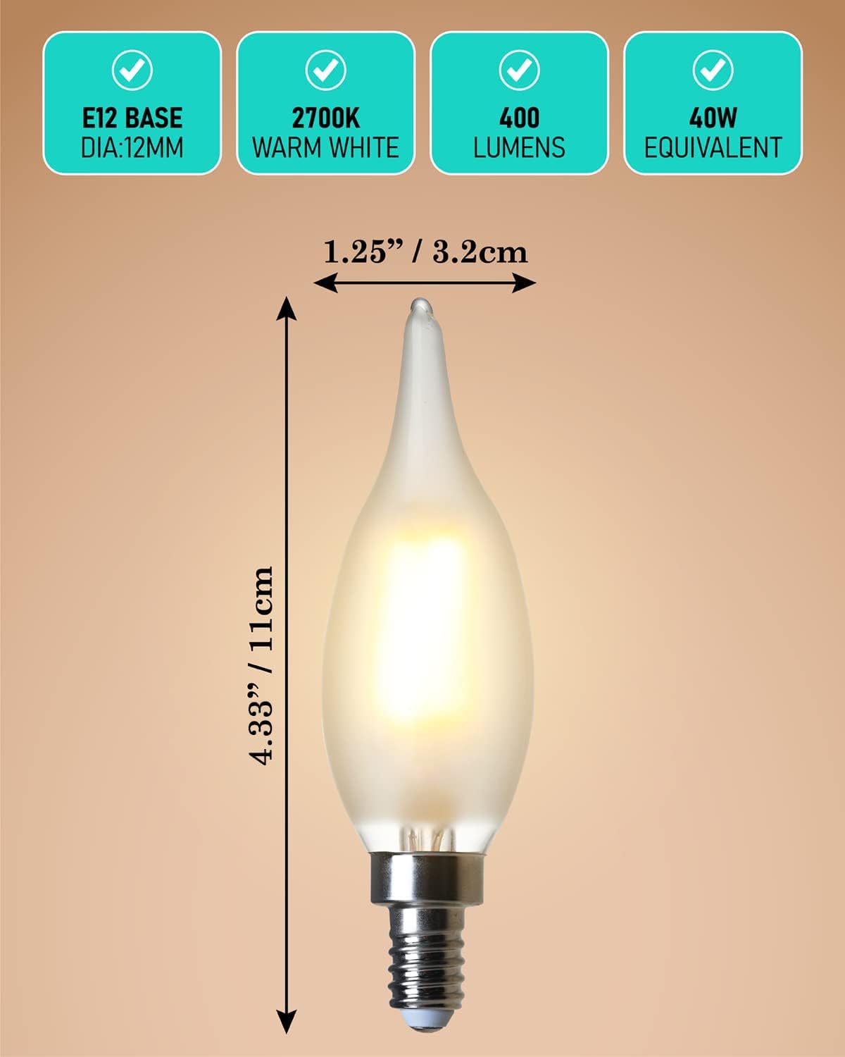 AMDTU E12 LED Bulb, Frosted Chandelier Light Bulbs 2700K Soft Warm White, 40W Type B Candelabra Light Bulbs Small Base, Dimmable, 2 Pack