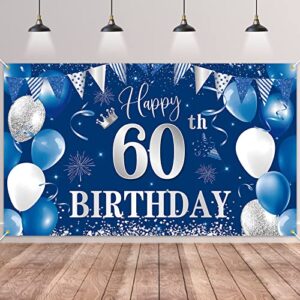 60th birthday banner backdrop,btzo happy 60th birthday decorations,blue silver fabric photo backdrop background for men and women 60th birthday party,70.8 x 43.3inch