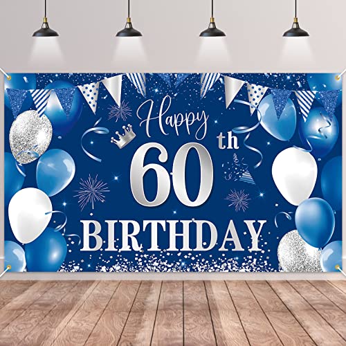 60th Birthday Banner Backdrop,BTZO Happy 60th Birthday Decorations,Blue Silver Fabric Photo Backdrop Background for Men and Women 60th Birthday Party,70.8 x 43.3Inch