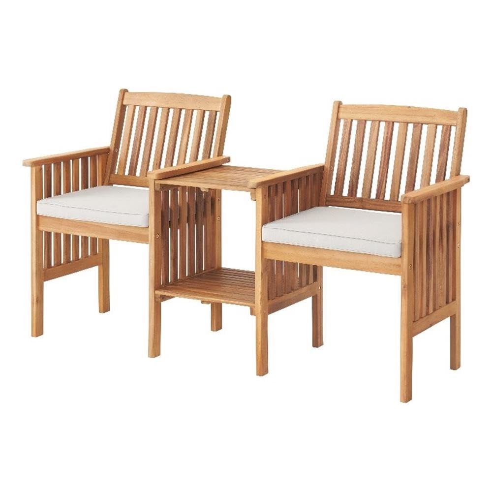 Bristol Acacia Wood Outdoor Double Seat Bench, Attached Table, Weather-Proof, Natural Finish, Porch, 60 in. W x 23 in. D x 35 in. H, Seat: 19 in. W x 17 in. D x 18 in. H, Table: 15 in. W x 18 in. D