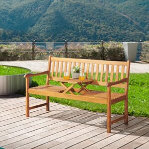 Bristol Two-Seat Outdoor Bench with Pop-Up Center Table, Weather-Resistant Acacia Wood, Natural Finish, Ideal for Patio, Porch, or Garden, Dimensions: 60 in. W x 26 in. D x 37 in. H