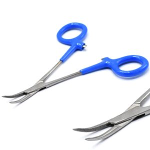 aaprotools dog pet ear/nose hair puller grooming hemostat locking forceps pliers, 5" (12.7cm), curved (blue dip)