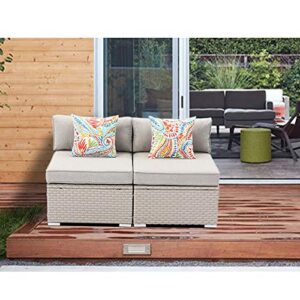 SUNBURY 2 Pieces Patio Sectional Sofa Chair, Add-on Wicker Loveseat in Off White Cushion, Elegant Brown Wicker Outdoor Furniture Seating for Backyard Garden Porch