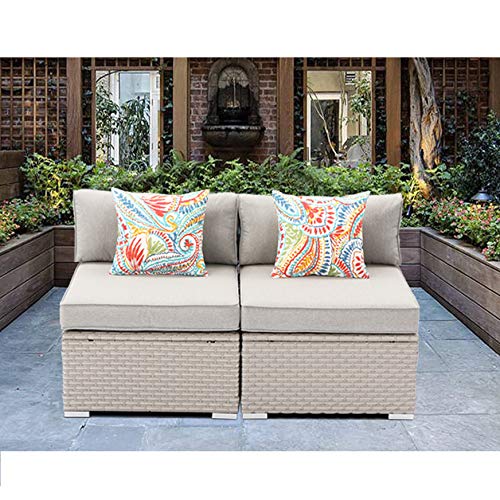 SUNBURY 2 Pieces Patio Sectional Sofa Chair, Add-on Wicker Loveseat in Off White Cushion, Elegant Brown Wicker Outdoor Furniture Seating for Backyard Garden Porch