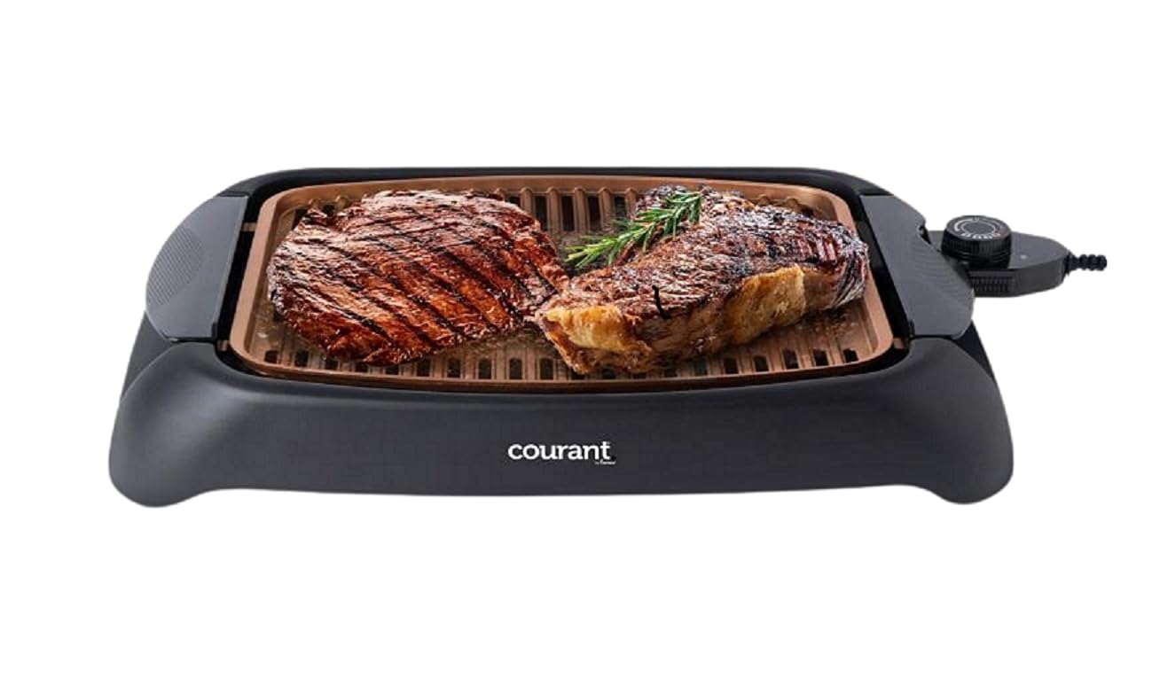 courant smokeless indoor grill, Copper Non-stick Coating Extra Large and Adjustable Temperature Control, Grill BBQ, Table Top Indoor Grill