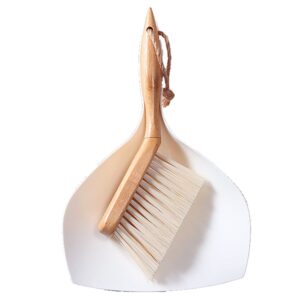 Dustpan and Brush Set, Small Dustpan with Bamboo Handle Brush, Handy Mini Broom and Dustpan Set for Convenient Sweeping, White,11.5 x 7.6 x 2.3 Inch