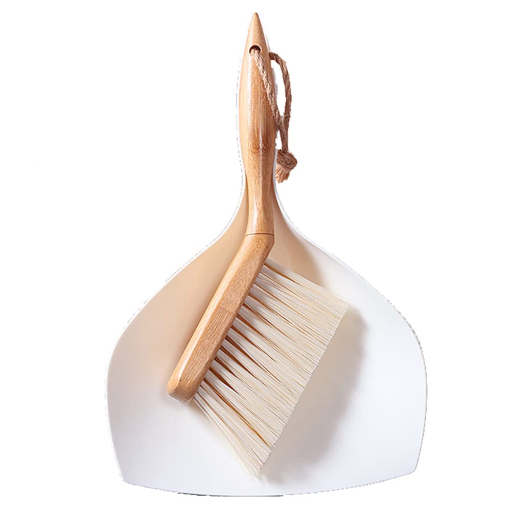 Dustpan and Brush Set, Small Dustpan with Bamboo Handle Brush, Handy Mini Broom and Dustpan Set for Convenient Sweeping, White,11.5 x 7.6 x 2.3 Inch