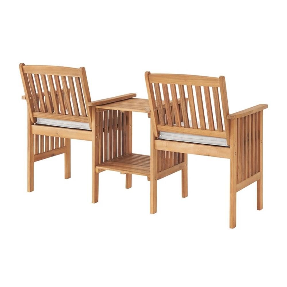 Bristol Acacia Wood Outdoor Double Seat Bench, Attached Table, Weather-Proof, Natural Finish, Porch, 60 in. W x 23 in. D x 35 in. H, Seat: 19 in. W x 17 in. D x 18 in. H, Table: 15 in. W x 18 in. D