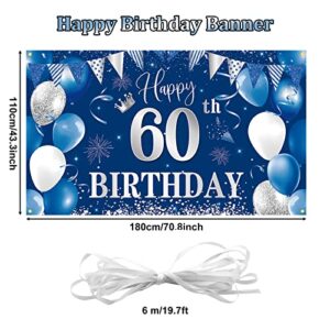 60th Birthday Banner Backdrop,BTZO Happy 60th Birthday Decorations,Blue Silver Fabric Photo Backdrop Background for Men and Women 60th Birthday Party,70.8 x 43.3Inch